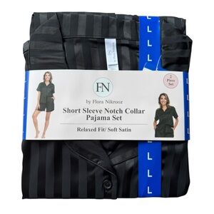 Flora Nikrooz Black Striped Satin Pajama Set Short Sleeve Top Shorts